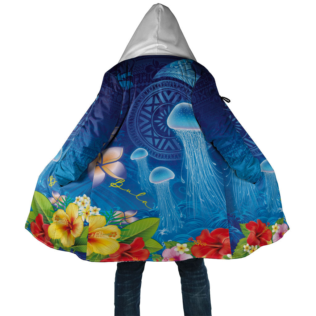 Fiji Jellyfish Cloak Tapa Patterns and Hibiscus Sea Vibe LT03 Unisex Blue - Polynesian Pride