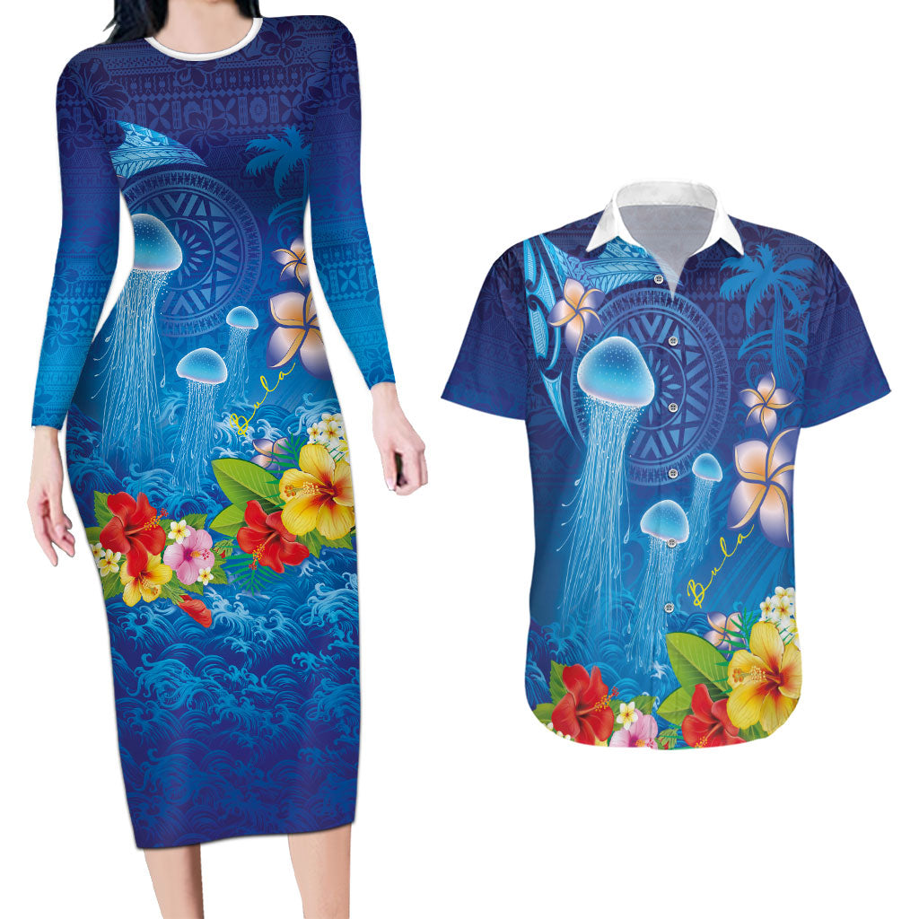 Fiji Jellyfish Couples Matching Long Sleeve Bodycon Dress and Hawaiian Shirt Tapa Patterns and Hibiscus Sea Vibe