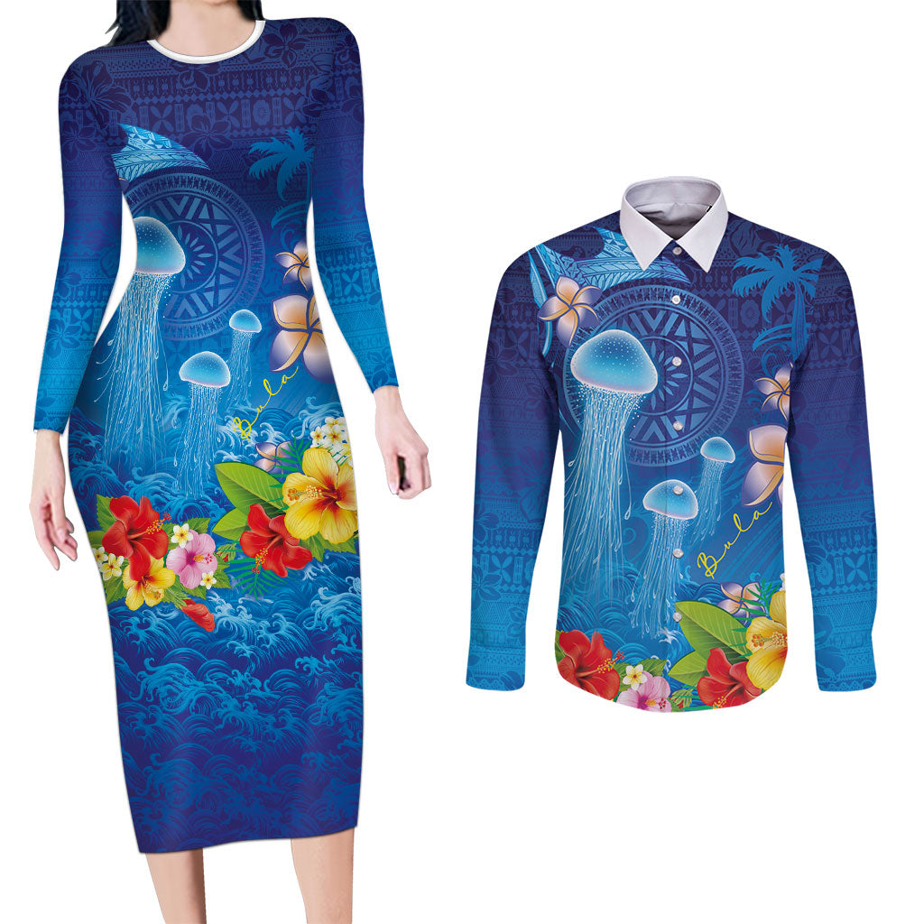 Fiji Jellyfish Couples Matching Long Sleeve Bodycon Dress and Long Sleeve Button Shirt Tapa Patterns and Hibiscus Sea Vibe