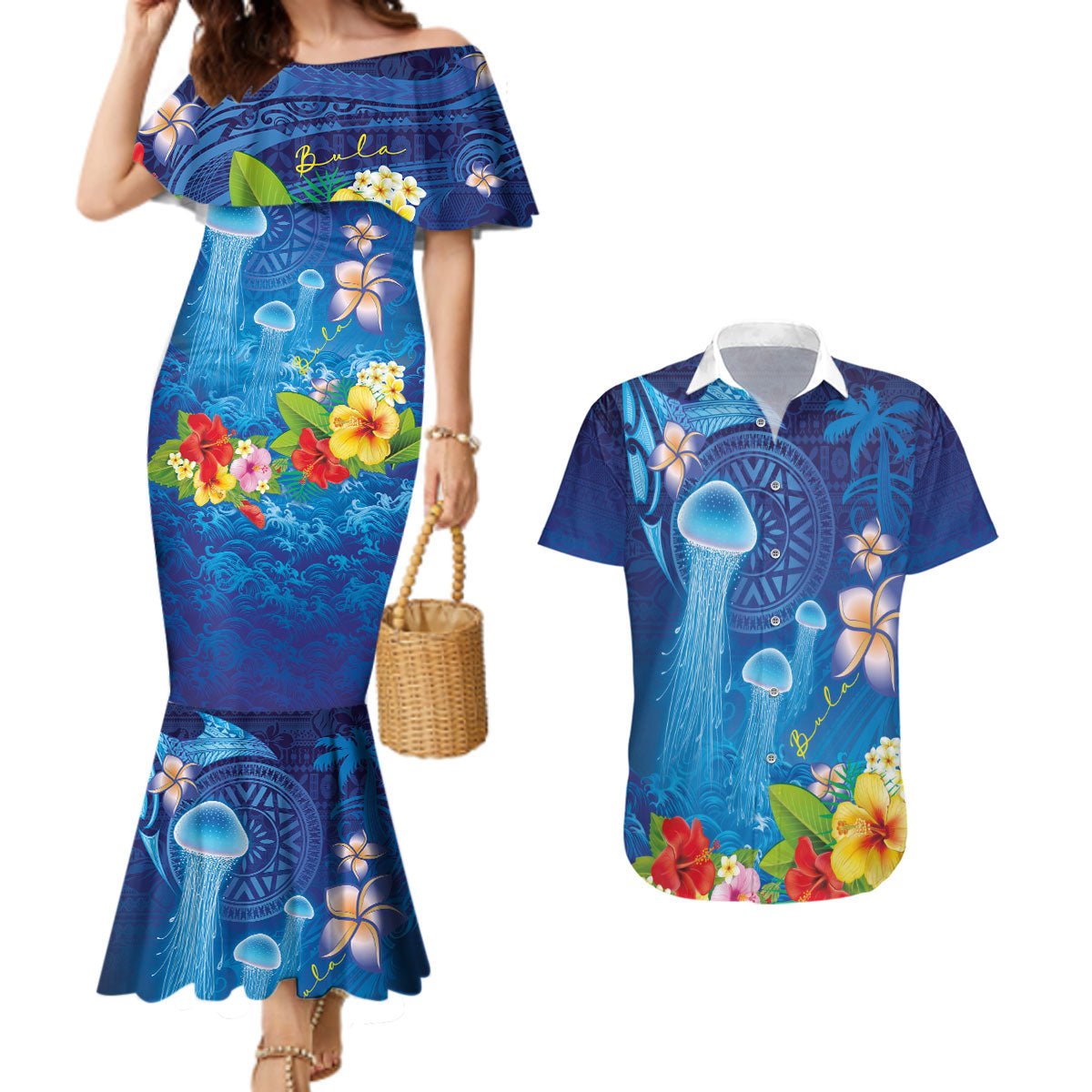 Fiji Jellyfish Couples Matching Mermaid Dress and Hawaiian Shirt Tapa Patterns and Hibiscus Sea Vibe