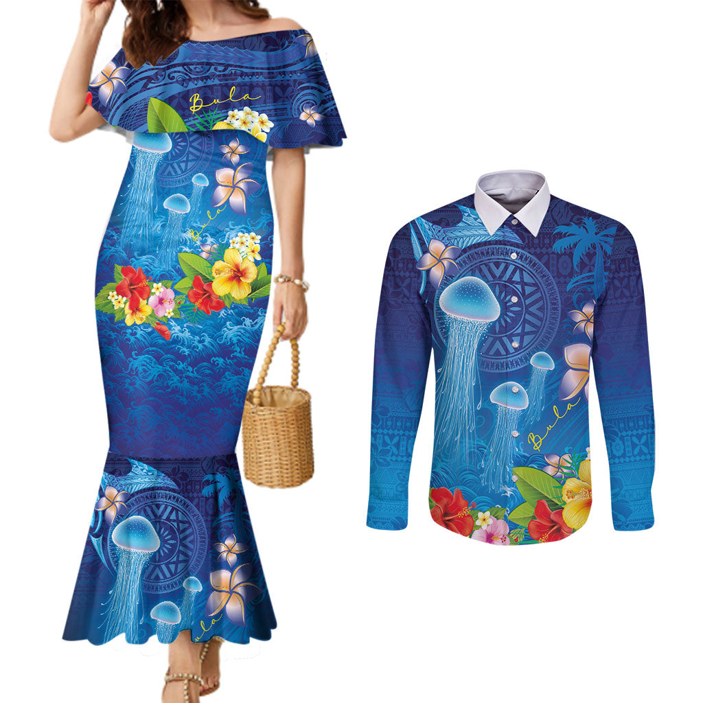 Fiji Jellyfish Couples Matching Mermaid Dress and Long Sleeve Button Shirt Tapa Patterns and Hibiscus Sea Vibe