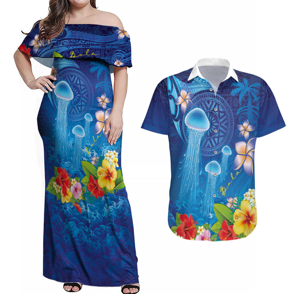 Fiji Jellyfish Couples Matching Off Shoulder Maxi Dress and Hawaiian Shirt Tapa Patterns and Hibiscus Sea Vibe