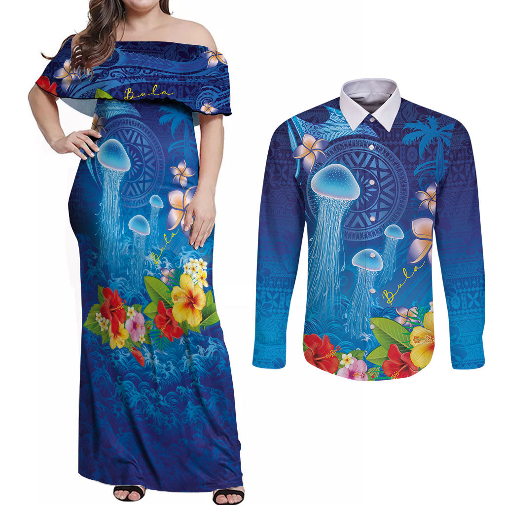 Fiji Jellyfish Couples Matching Off Shoulder Maxi Dress and Long Sleeve Button Shirt Tapa Patterns and Hibiscus Sea Vibe
