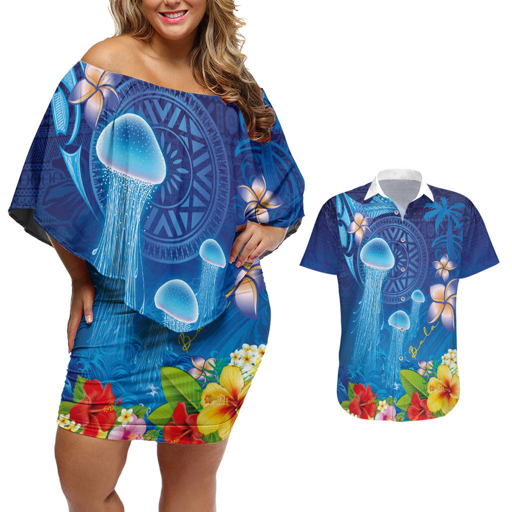 Fiji Jellyfish Couples Matching Off Shoulder Short Dress and Hawaiian Shirt Tapa Patterns and Hibiscus Sea Vibe