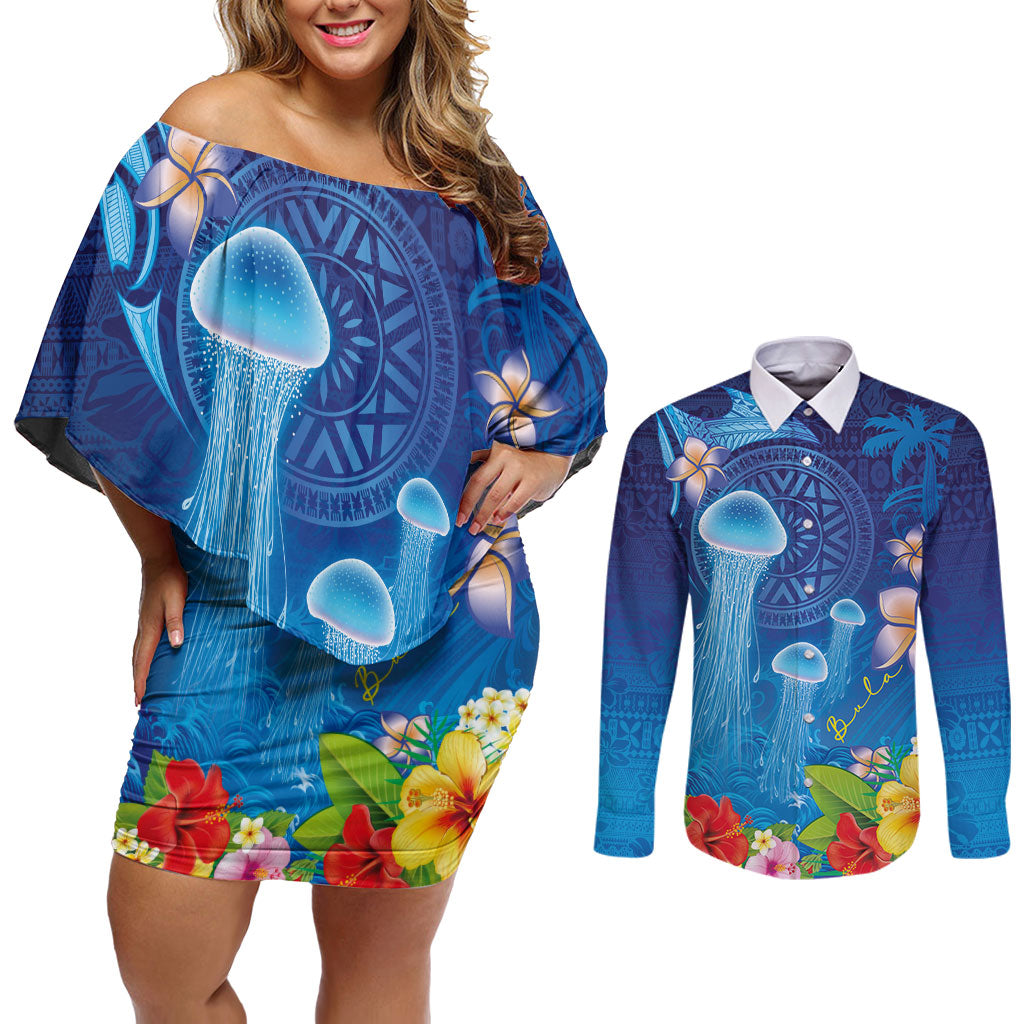 Fiji Jellyfish Couples Matching Off Shoulder Short Dress and Long Sleeve Button Shirt Tapa Patterns and Hibiscus Sea Vibe