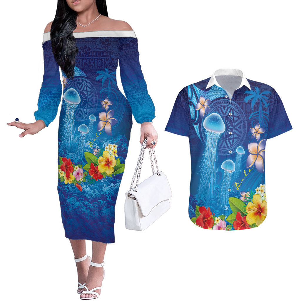 Fiji Jellyfish Couples Matching Off The Shoulder Long Sleeve Dress and Hawaiian Shirt Tapa Patterns and Hibiscus Sea Vibe