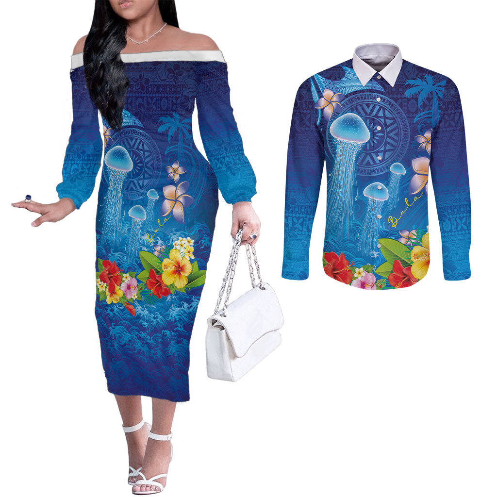 Fiji Jellyfish Couples Matching Off The Shoulder Long Sleeve Dress and Long Sleeve Button Shirt Tapa Patterns and Hibiscus Sea Vibe