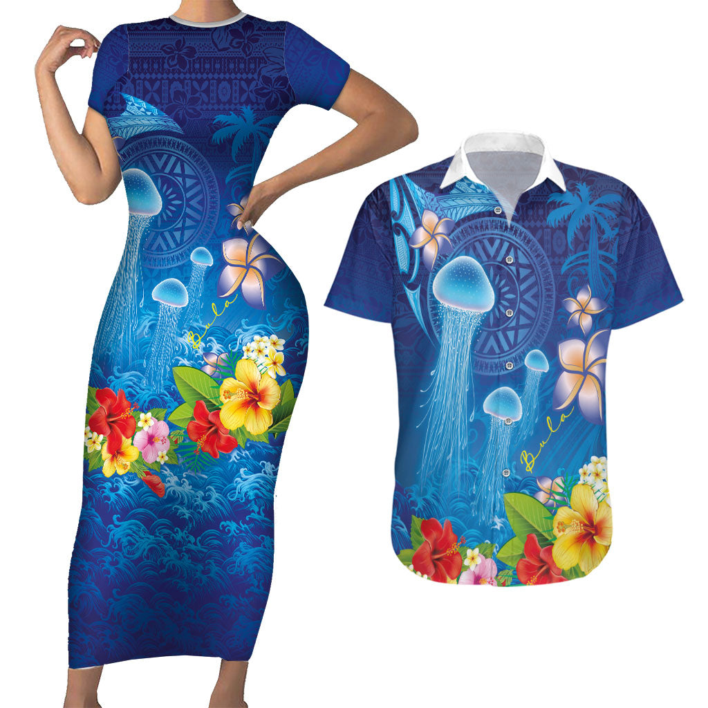 Fiji Jellyfish Couples Matching Short Sleeve Bodycon Dress and Hawaiian Shirt Tapa Patterns and Hibiscus Sea Vibe