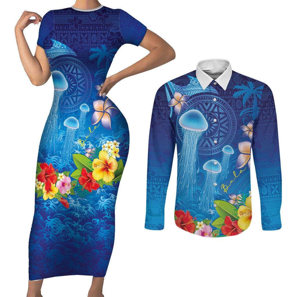 Fiji Jellyfish Couples Matching Short Sleeve Bodycon Dress and Long Sleeve Button Shirt Tapa Patterns and Hibiscus Sea Vibe