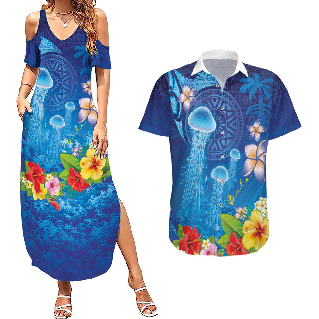 Fiji Jellyfish Couples Matching Summer Maxi Dress and Hawaiian Shirt Tapa Patterns and Hibiscus Sea Vibe