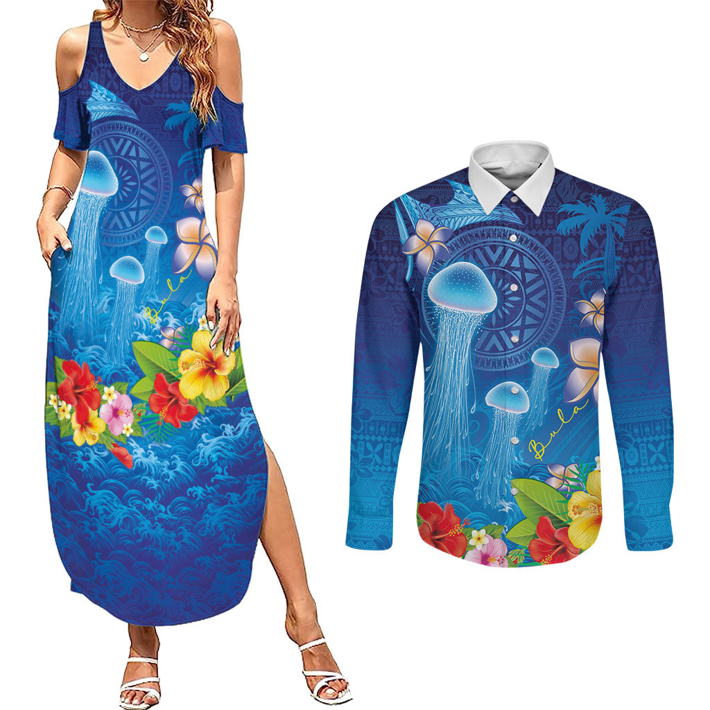 Fiji Jellyfish Couples Matching Summer Maxi Dress and Long Sleeve Button Shirt Tapa Patterns and Hibiscus Sea Vibe
