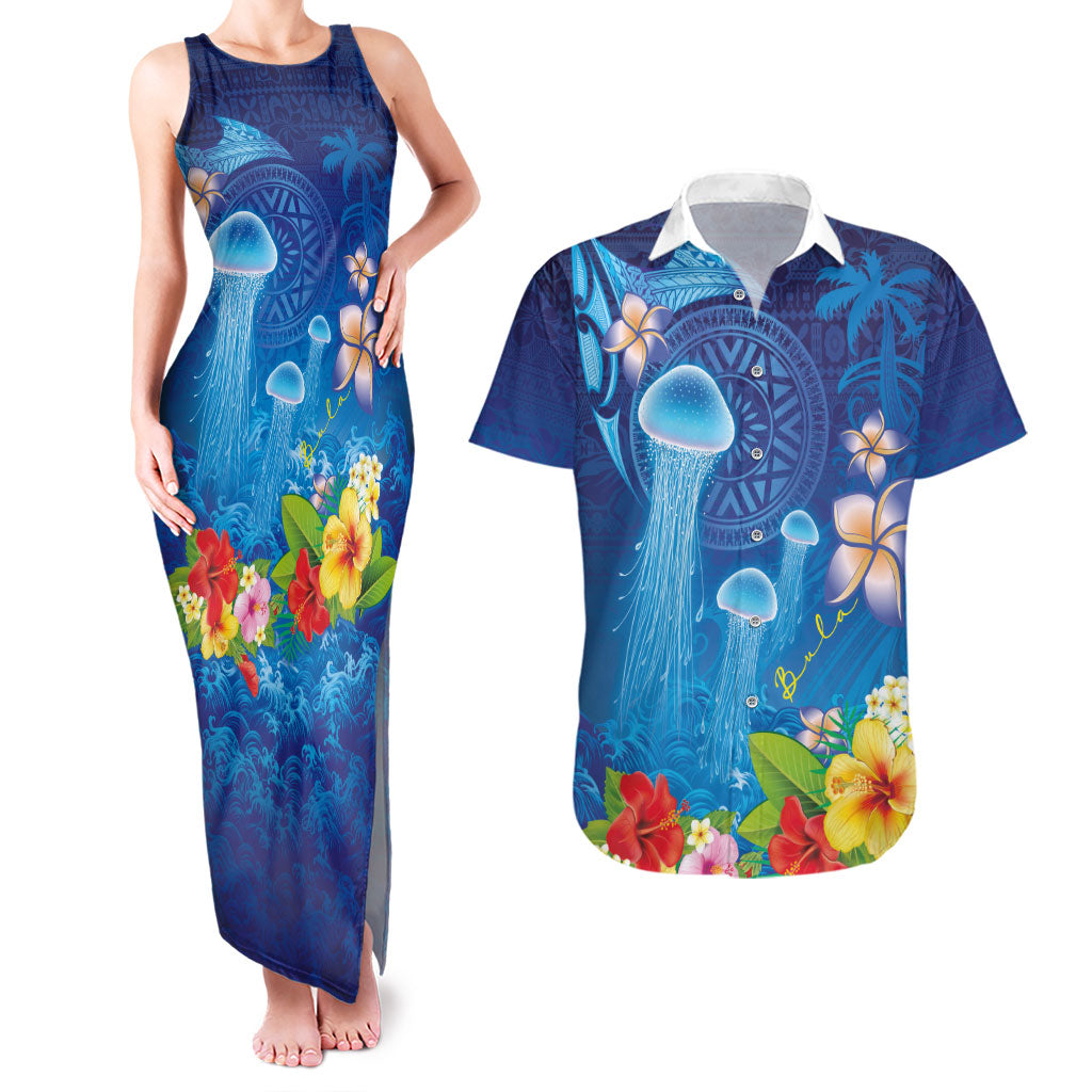 Fiji Jellyfish Couples Matching Tank Maxi Dress and Hawaiian Shirt Tapa Patterns and Hibiscus Sea Vibe
