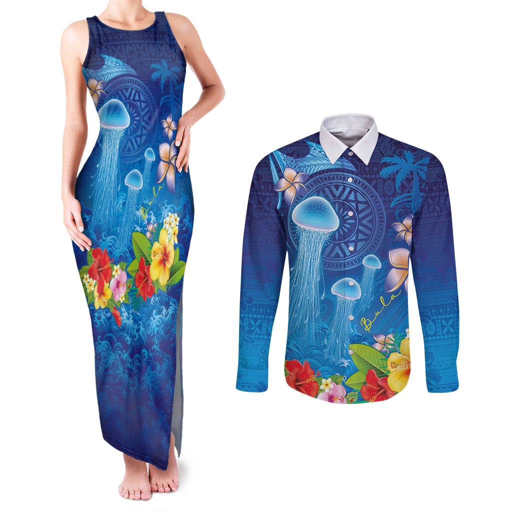 Fiji Jellyfish Couples Matching Tank Maxi Dress and Long Sleeve Button Shirt Tapa Patterns and Hibiscus Sea Vibe