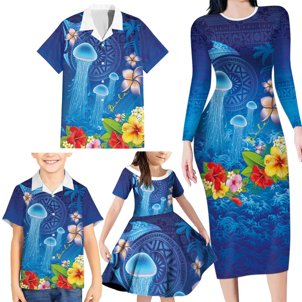 Fiji Jellyfish Family Matching Long Sleeve Bodycon Dress and Hawaiian Shirt Tapa Patterns and Hibiscus Sea Vibe