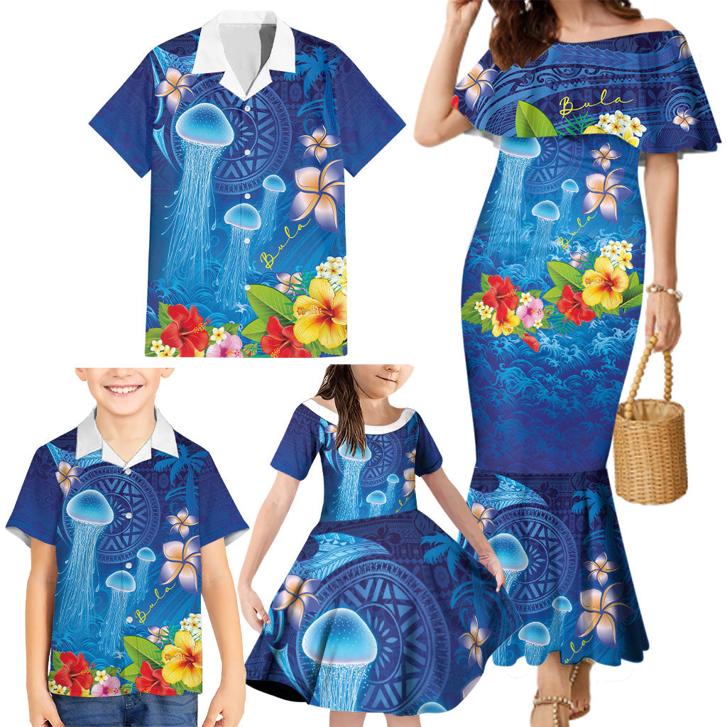 Fiji Jellyfish Family Matching Mermaid Dress and Hawaiian Shirt Tapa Patterns and Hibiscus Sea Vibe