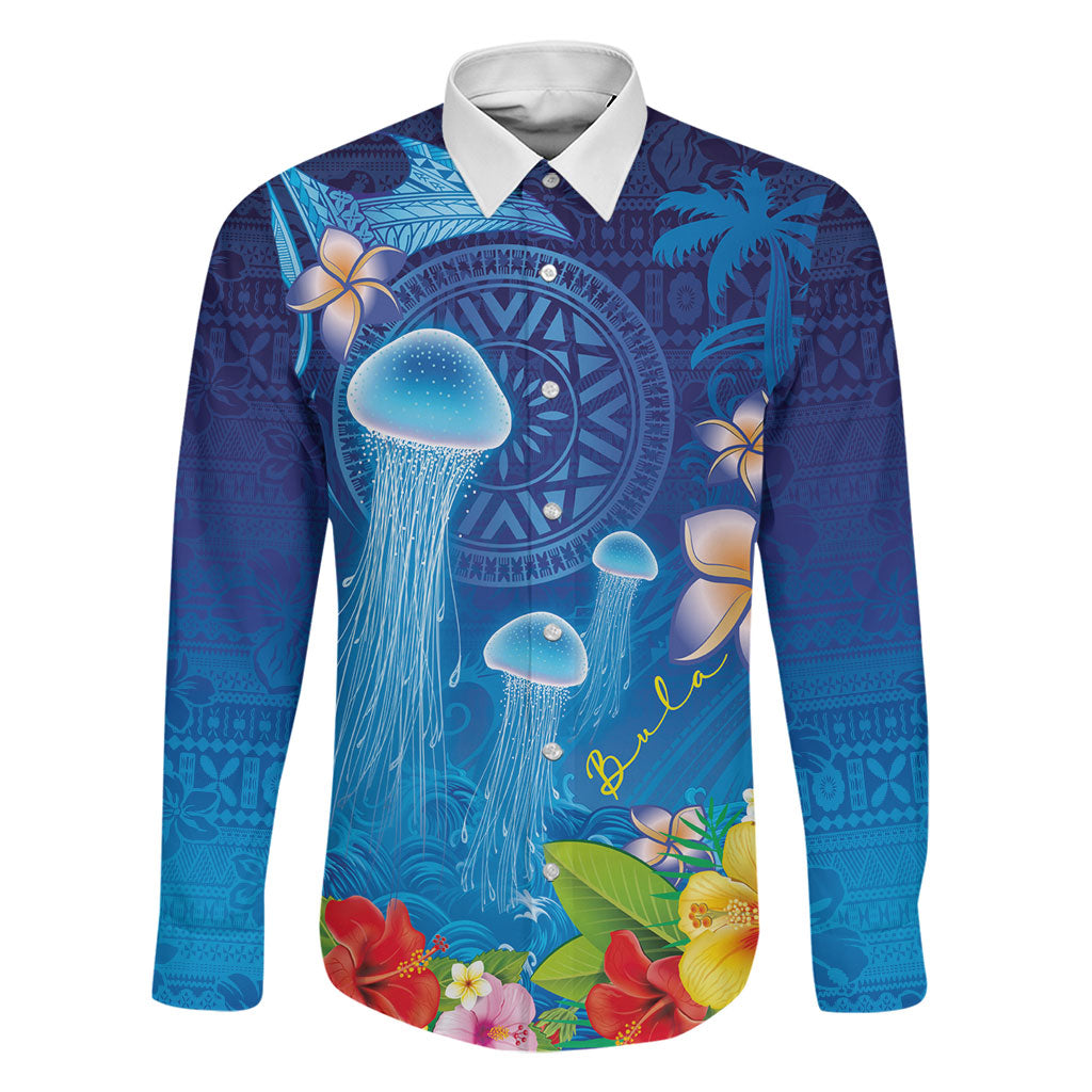 Fiji Jellyfish Family Matching Off The Shoulder Long Sleeve Dress and Hawaiian Shirt Tapa Patterns and Hibiscus Sea Vibe LT03 Dad's Shirt - Long Sleeve Blue - Polynesian Pride