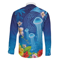 Fiji Jellyfish Family Matching Off The Shoulder Long Sleeve Dress and Hawaiian Shirt Tapa Patterns and Hibiscus Sea Vibe LT03 - Polynesian Pride