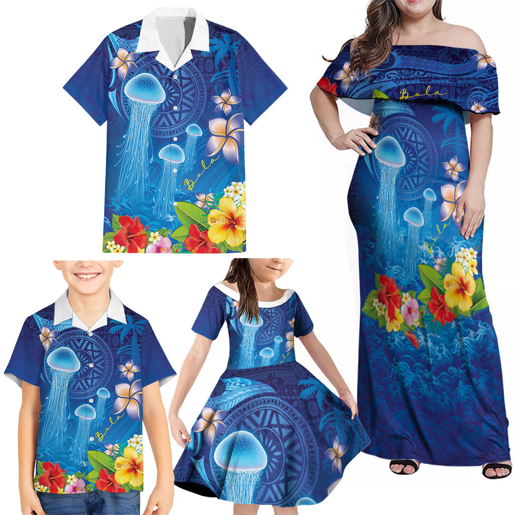 Fiji Jellyfish Family Matching Off Shoulder Maxi Dress and Hawaiian Shirt Tapa Patterns and Hibiscus Sea Vibe