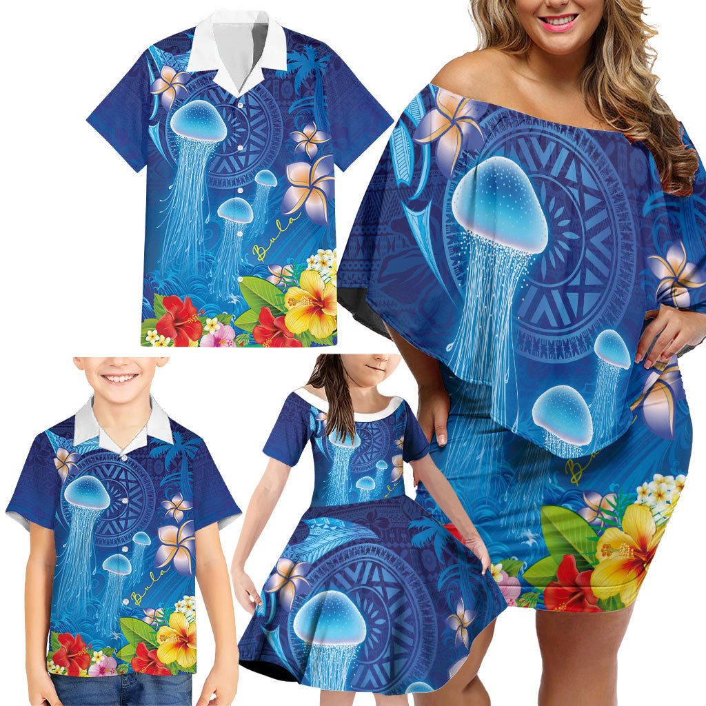 Fiji Jellyfish Family Matching Off Shoulder Short Dress and Hawaiian Shirt Tapa Patterns and Hibiscus Sea Vibe
