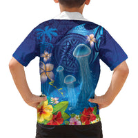Fiji Jellyfish Family Matching Puletasi and Hawaiian Shirt Tapa Patterns and Hibiscus Sea Vibe LT03 - Polynesian Pride