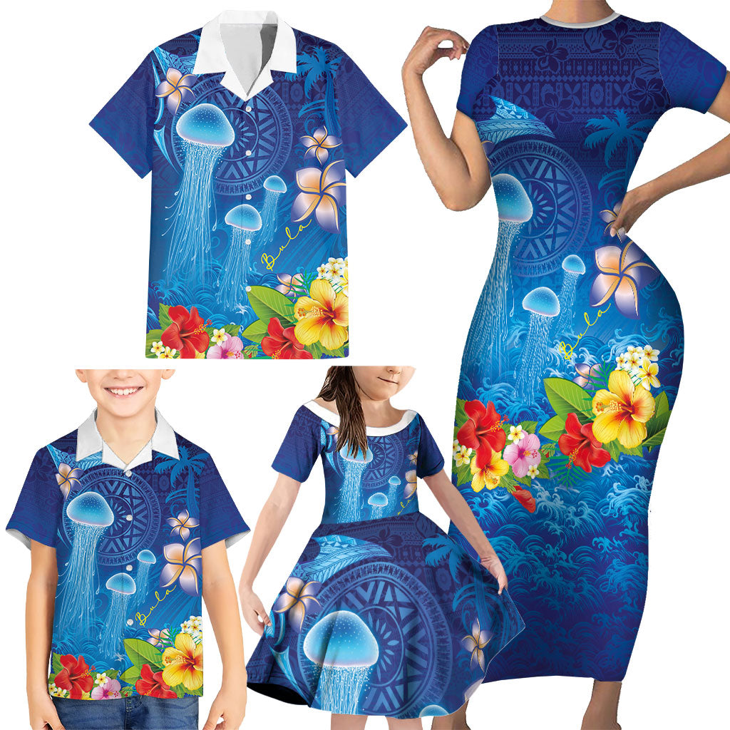 Fiji Jellyfish Family Matching Short Sleeve Bodycon Dress and Hawaiian Shirt Tapa Patterns and Hibiscus Sea Vibe