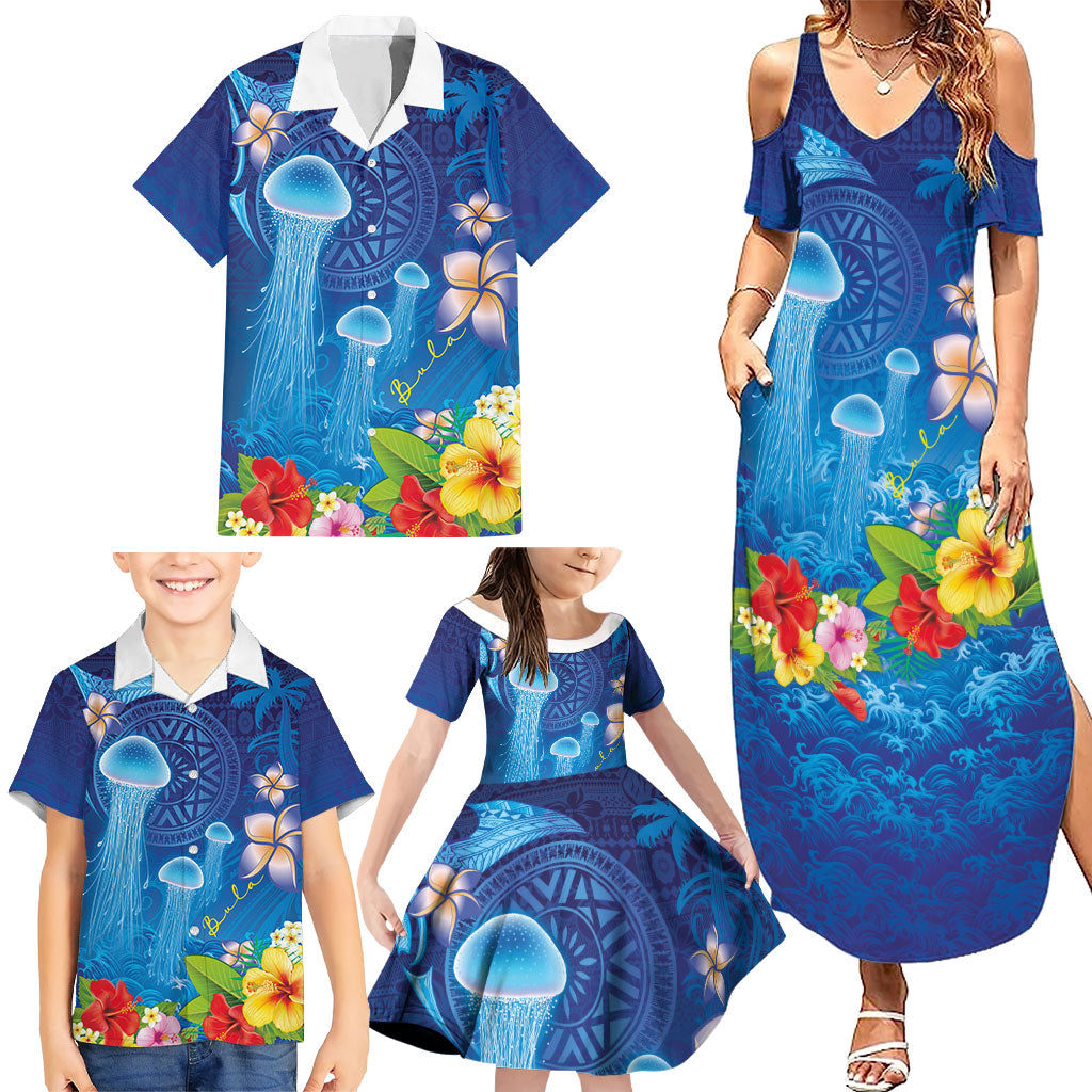 Fiji Jellyfish Family Matching Summer Maxi Dress and Hawaiian Shirt Tapa Patterns and Hibiscus Sea Vibe