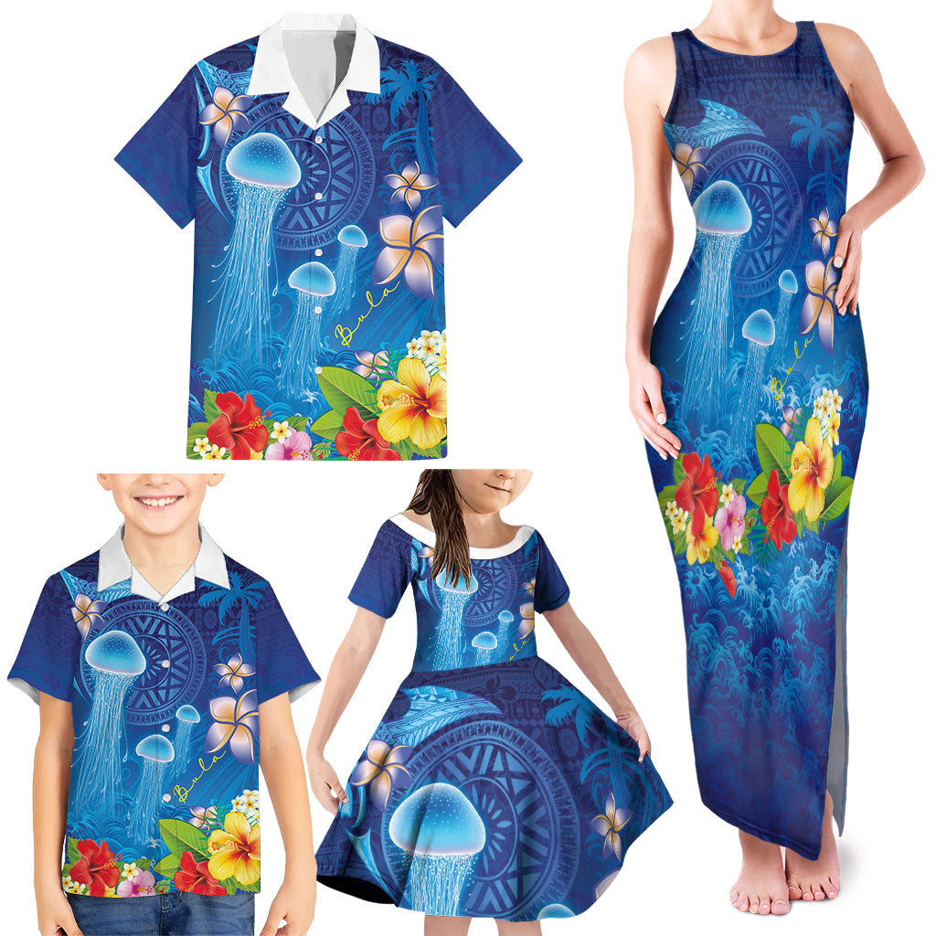 Fiji Jellyfish Family Matching Tank Maxi Dress and Hawaiian Shirt Tapa Patterns and Hibiscus Sea Vibe