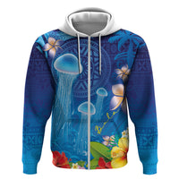 Fiji Jellyfish Hoodie Tapa Patterns and Hibiscus Sea Vibe LT03 Zip Hoodie Blue - Polynesian Pride