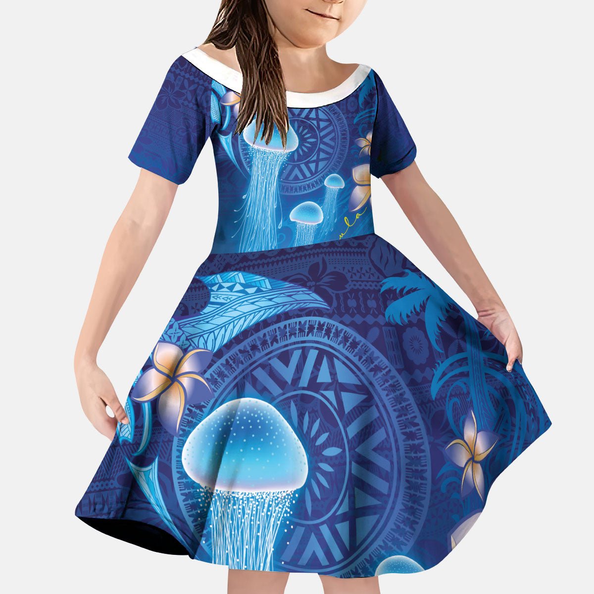 Fiji Jellyfish Kid Short Sleeve Dress Tapa Patterns and Hibiscus Sea Vibe