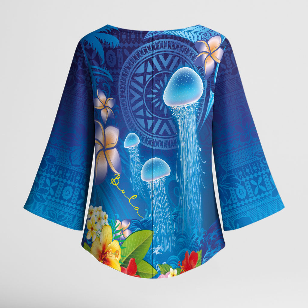 Fiji Jellyfish Kimono Sleeve Blouse Tapa Patterns and Hibiscus Sea Vibe LT03 - Polynesian Pride