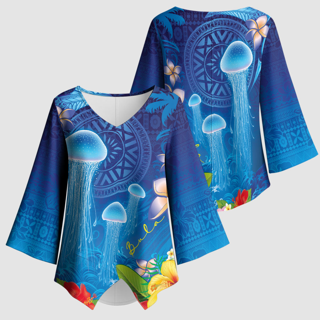 Fiji Jellyfish Kimono Sleeve Blouse Tapa Patterns and Hibiscus Sea Vibe LT03 - Polynesian Pride