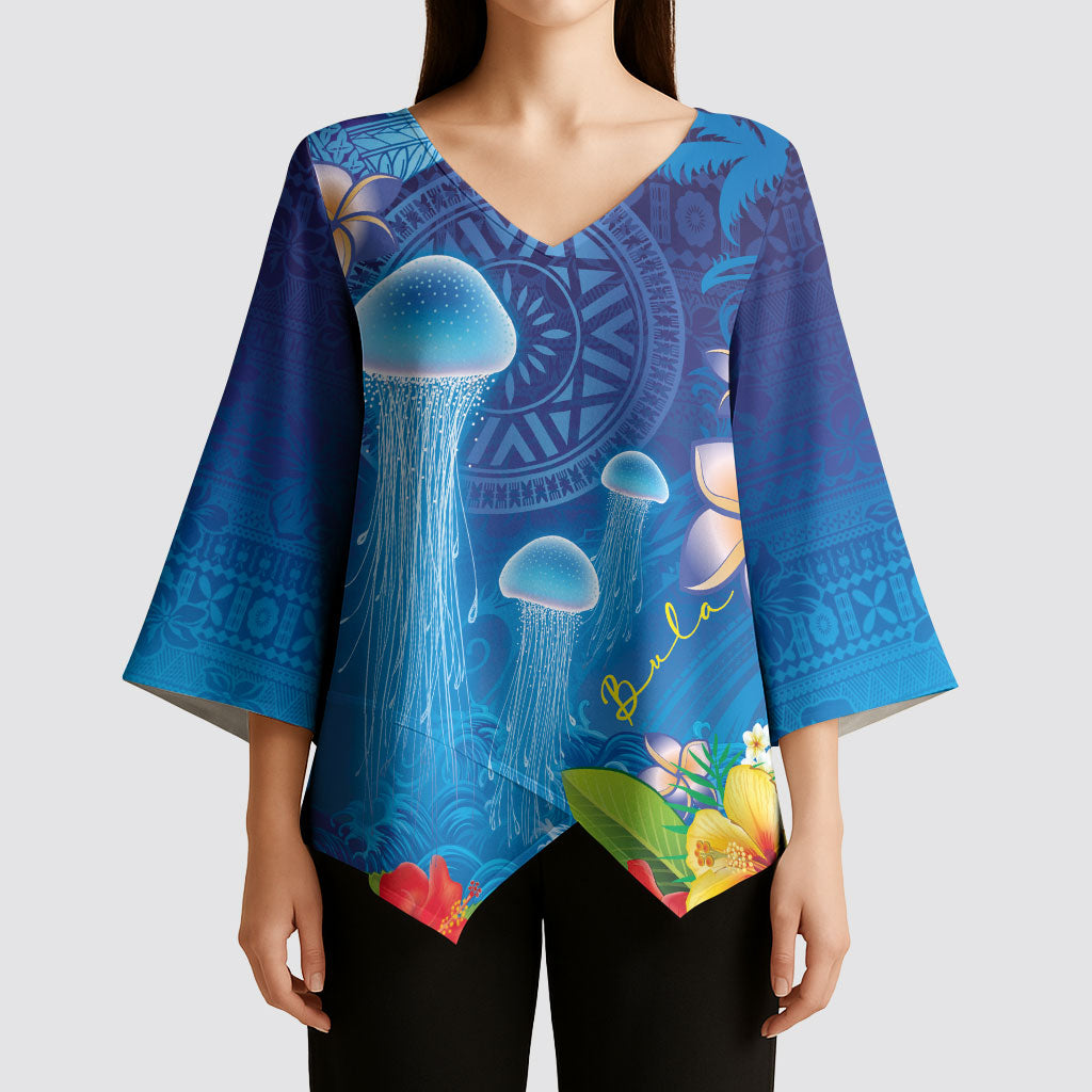 Fiji Jellyfish Kimono Sleeve Blouse Tapa Patterns and Hibiscus Sea Vibe LT03 - Polynesian Pride