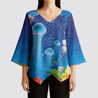 Fiji Jellyfish Kimono Sleeve Blouse Tapa Patterns and Hibiscus Sea Vibe LT03 - Polynesian Pride