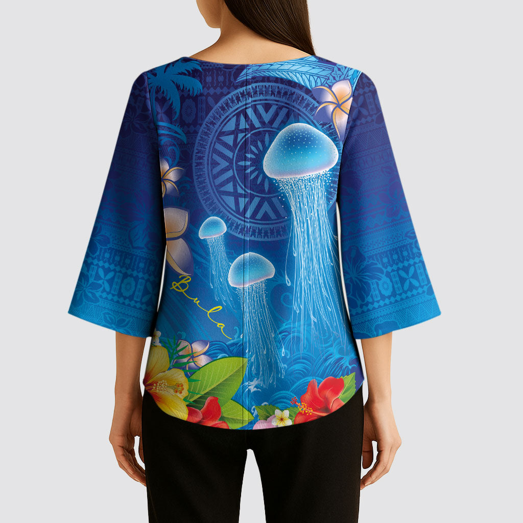 Fiji Jellyfish Kimono Sleeve Blouse Tapa Patterns and Hibiscus Sea Vibe LT03 - Polynesian Pride