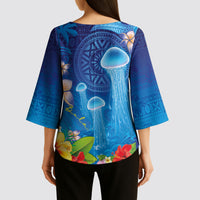 Fiji Jellyfish Kimono Sleeve Blouse Tapa Patterns and Hibiscus Sea Vibe LT03 - Polynesian Pride