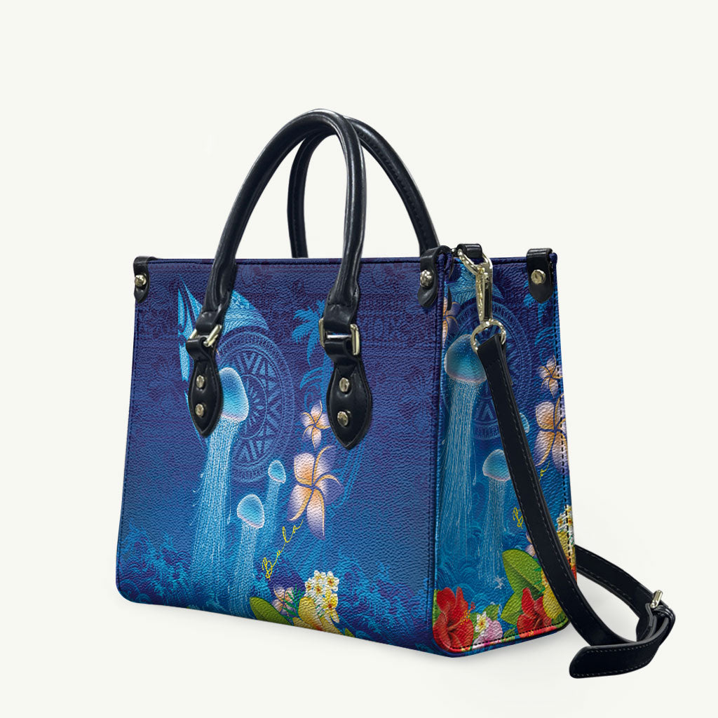 Fiji Jellyfish Leather Bag Tapa Patterns and Hibiscus Sea Vibe