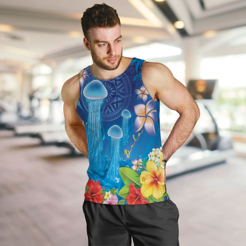 Fiji Jellyfish Men Tank Top Tapa Patterns and Hibiscus Sea Vibe LT03 Blue - Polynesian Pride