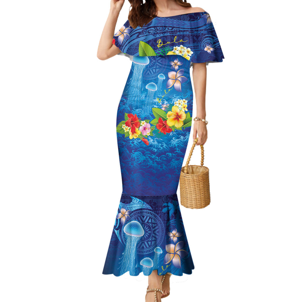 Fiji Jellyfish Mermaid Dress Tapa Patterns and Hibiscus Sea Vibe