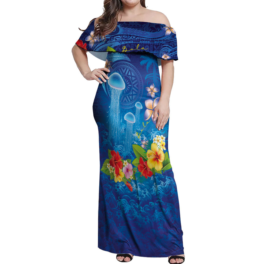 Fiji Jellyfish Off Shoulder Maxi Dress Tapa Patterns and Hibiscus Sea Vibe
