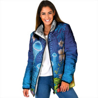 Fiji Jellyfish Padded Jacket Tapa Patterns and Hibiscus Sea Vibe LT03 Women Blue - Polynesian Pride