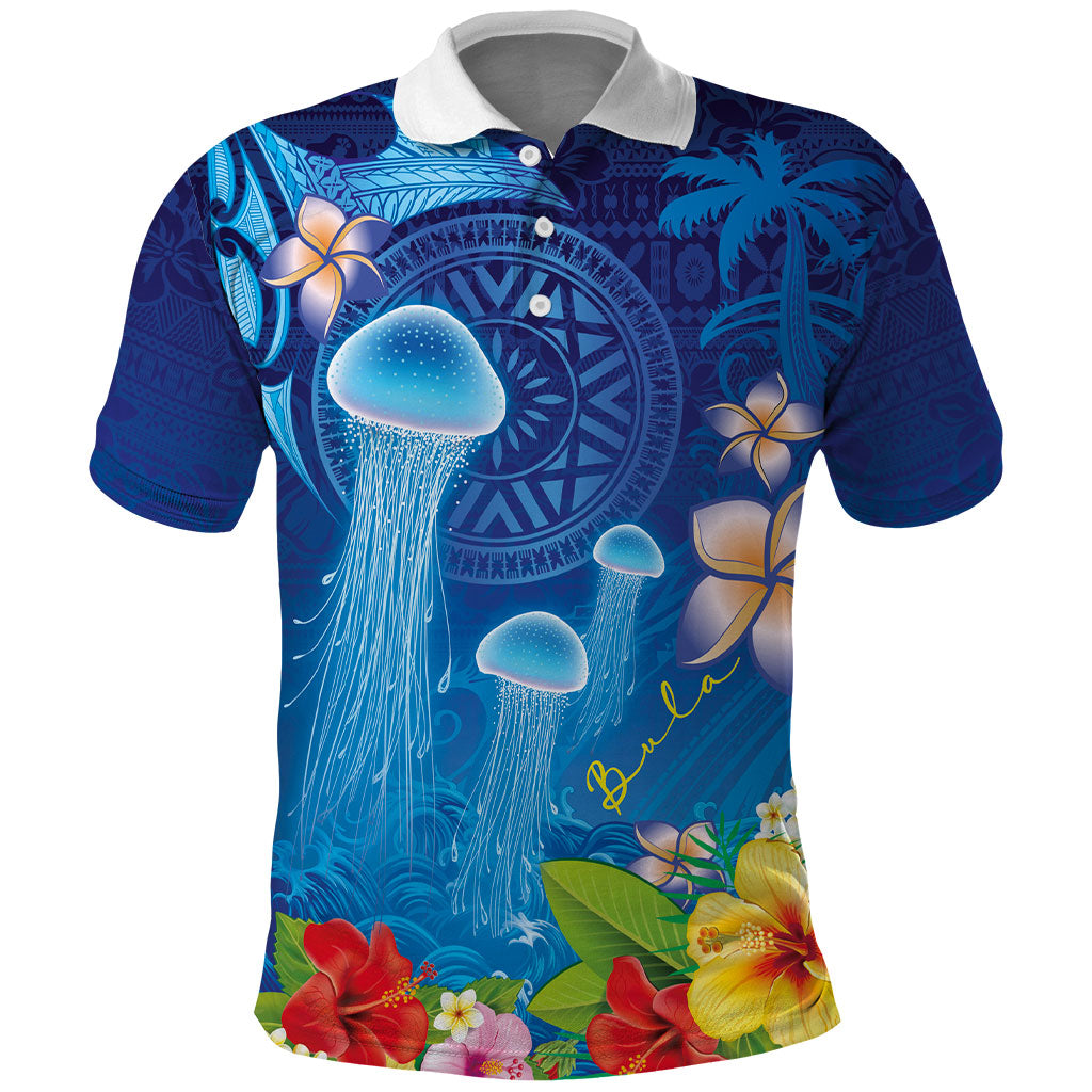 Fiji Jellyfish Polo Shirt Tapa Patterns and Hibiscus Sea Vibe