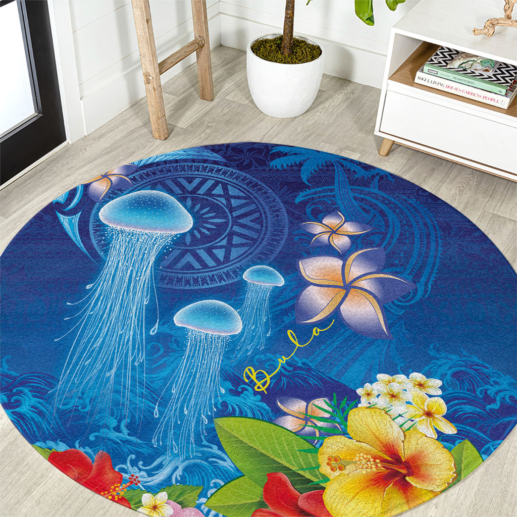 Fiji Jellyfish Round Carpet Tapa Patterns and Hibiscus Sea Vibe LT03 Blue - Polynesian Pride