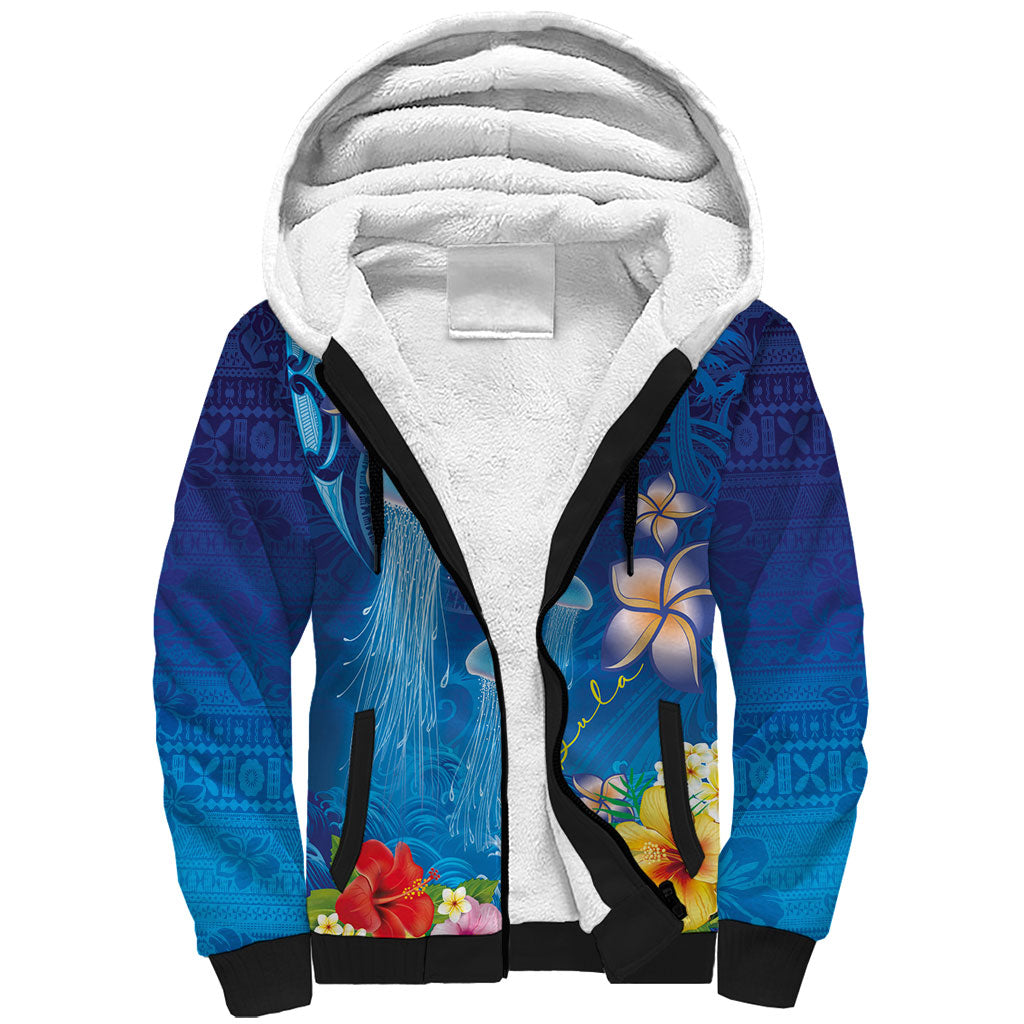 Fiji Jellyfish Sherpa Hoodie Tapa Patterns and Hibiscus Sea Vibe