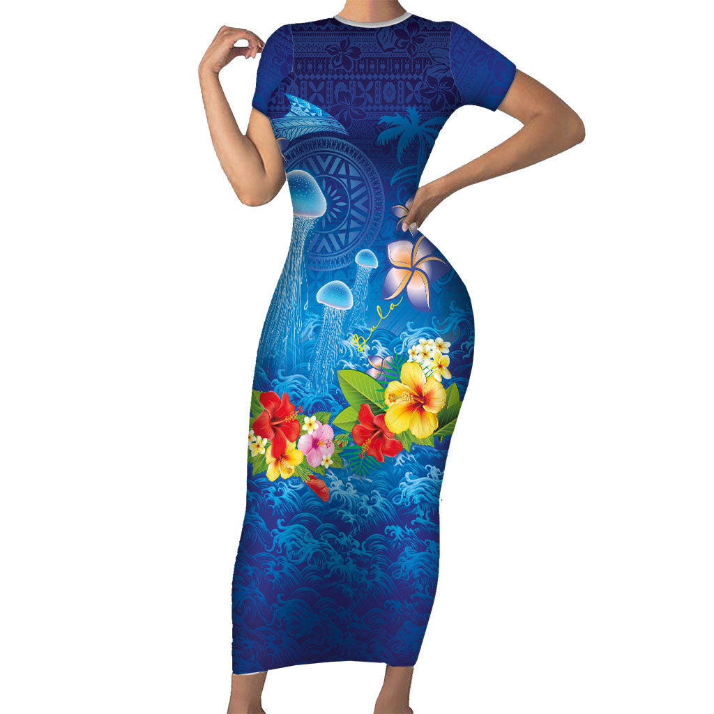 Fiji Jellyfish Short Sleeve Bodycon Dress Tapa Patterns and Hibiscus Sea Vibe