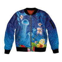 Fiji Jellyfish Sleeve Zip Bomber Jacket Tapa Patterns and Hibiscus Sea Vibe LT03 Unisex Blue - Polynesian Pride