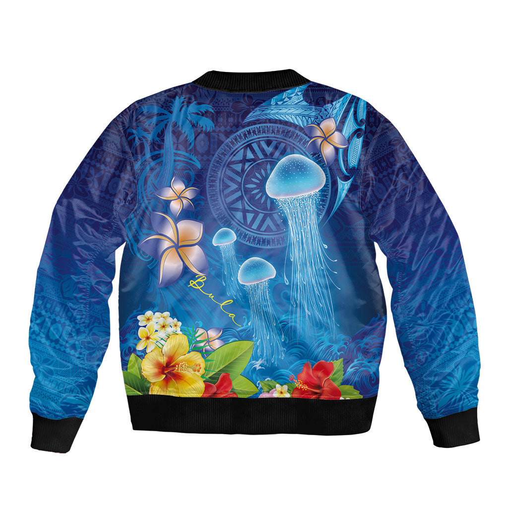 Fiji Jellyfish Sleeve Zip Bomber Jacket Tapa Patterns and Hibiscus Sea Vibe LT03 - Polynesian Pride