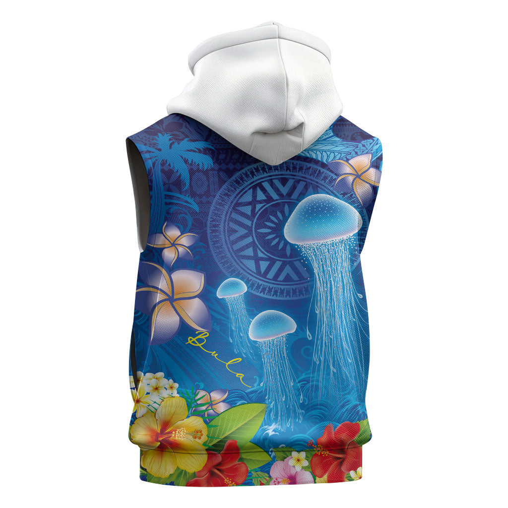Fiji Jellyfish Sleeveless Zip Hoodie Tapa Patterns and Hibiscus Sea Vibe LT03 - Polynesian Pride