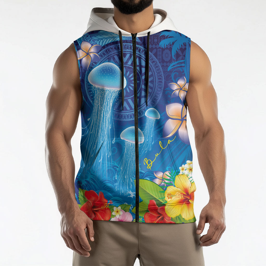 Fiji Jellyfish Sleeveless Zip Hoodie Tapa Patterns and Hibiscus Sea Vibe LT03 - Polynesian Pride