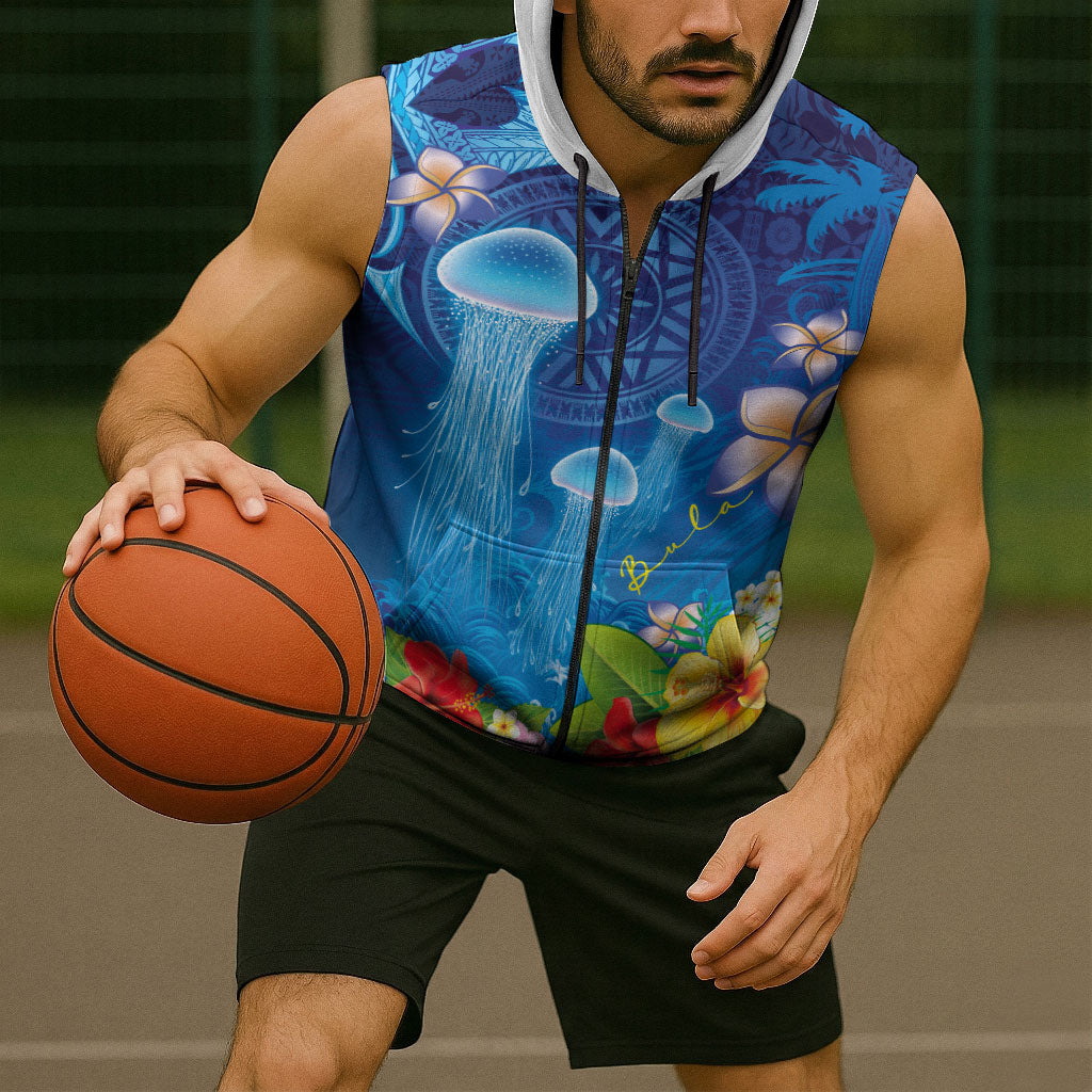 Fiji Jellyfish Sleeveless Zip Hoodie Tapa Patterns and Hibiscus Sea Vibe LT03 - Polynesian Pride