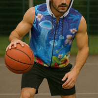 Fiji Jellyfish Sleeveless Zip Hoodie Tapa Patterns and Hibiscus Sea Vibe LT03 - Polynesian Pride